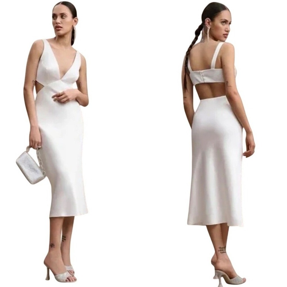 Sachin & Babi Women Sierra V-Neck Cutout Satin‎ Midi Dress size 4 Bridal Shower